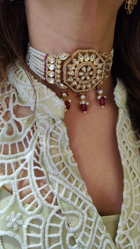 Red Drop Kundan Choker Set